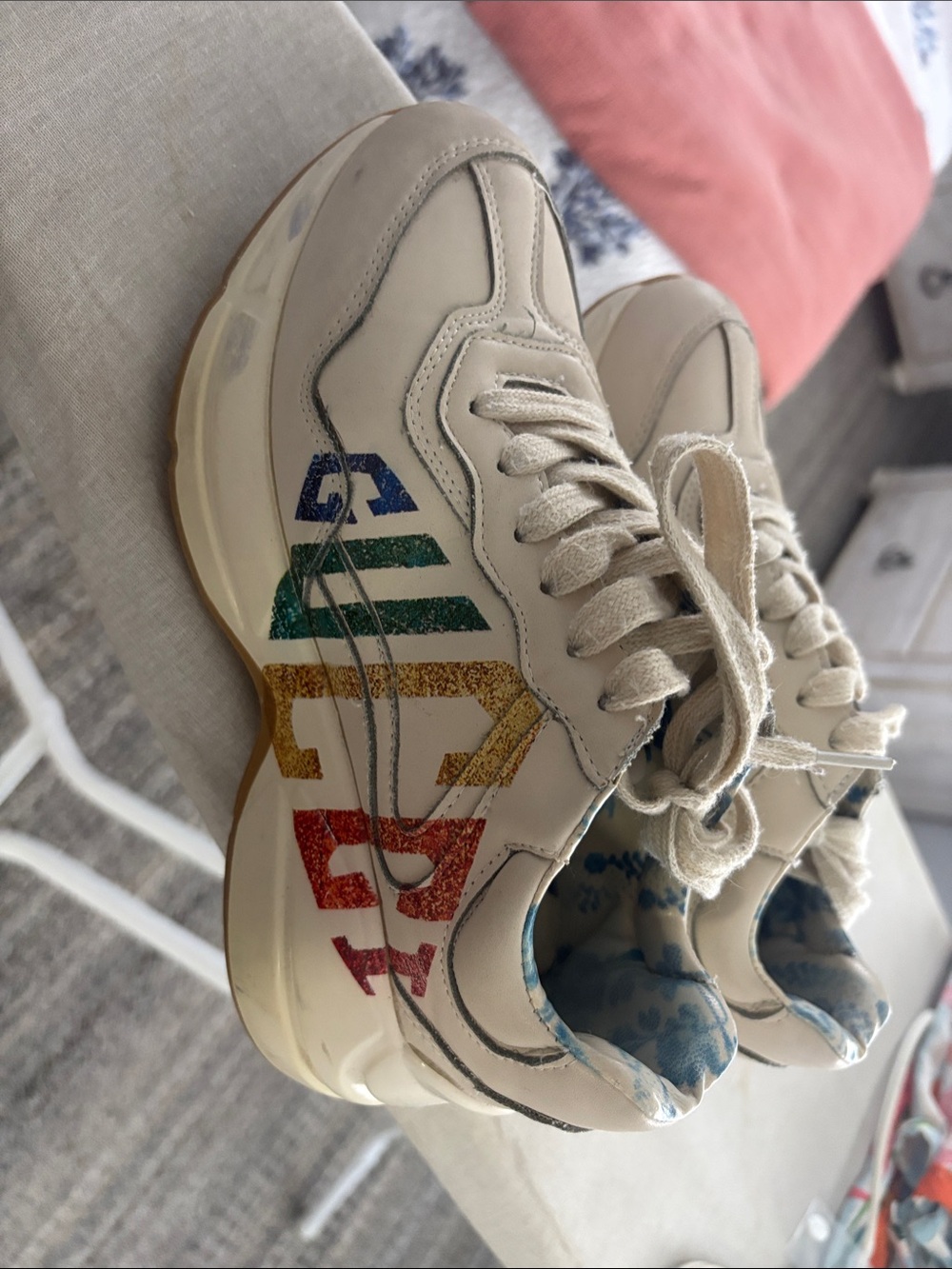 Gucci Cream Leather Sneakers with Rainbow Glitter Logo